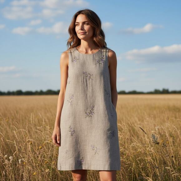 Talbots Dresses & Skirts - Talbots Classic 100% Linen Khaki Embroidered Floral Modest Mini Dress, Size 12P